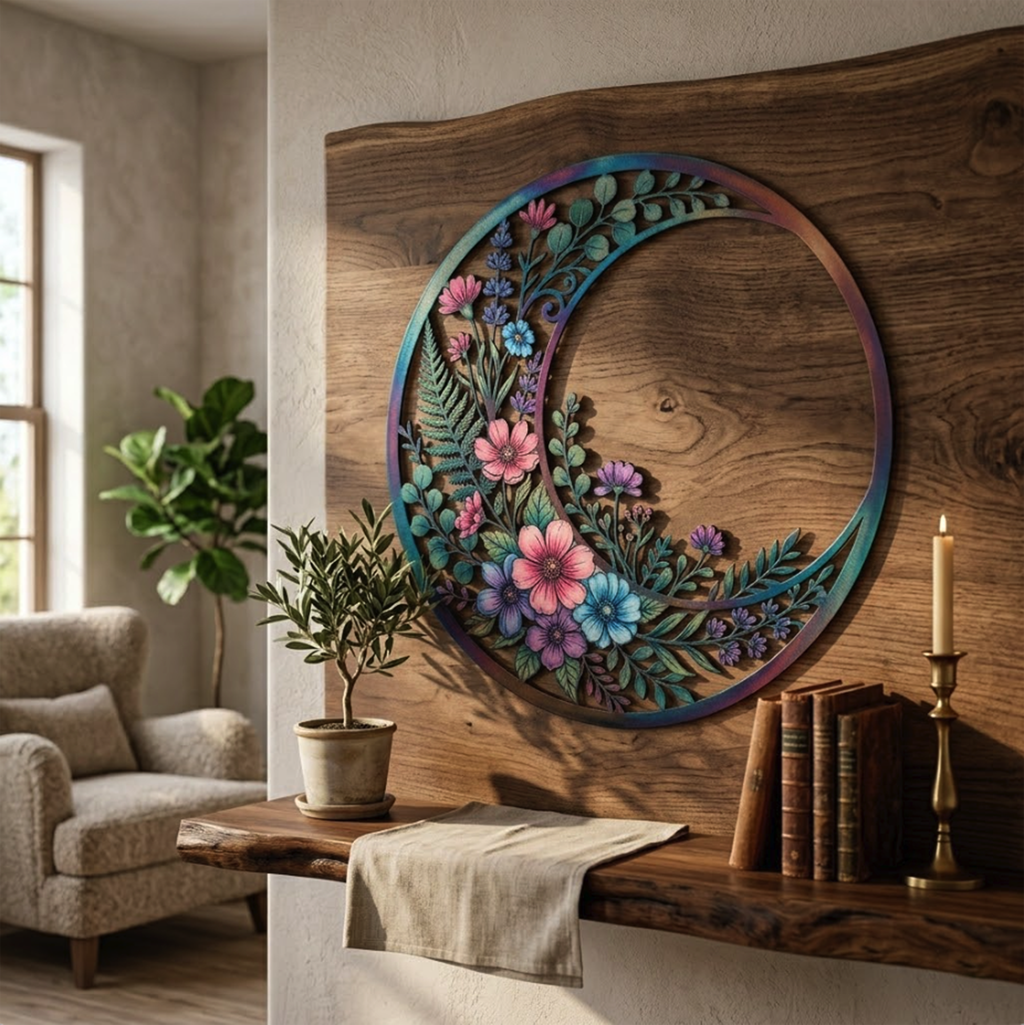 Floral Crescent Moon Metal Wall Art - product view 2