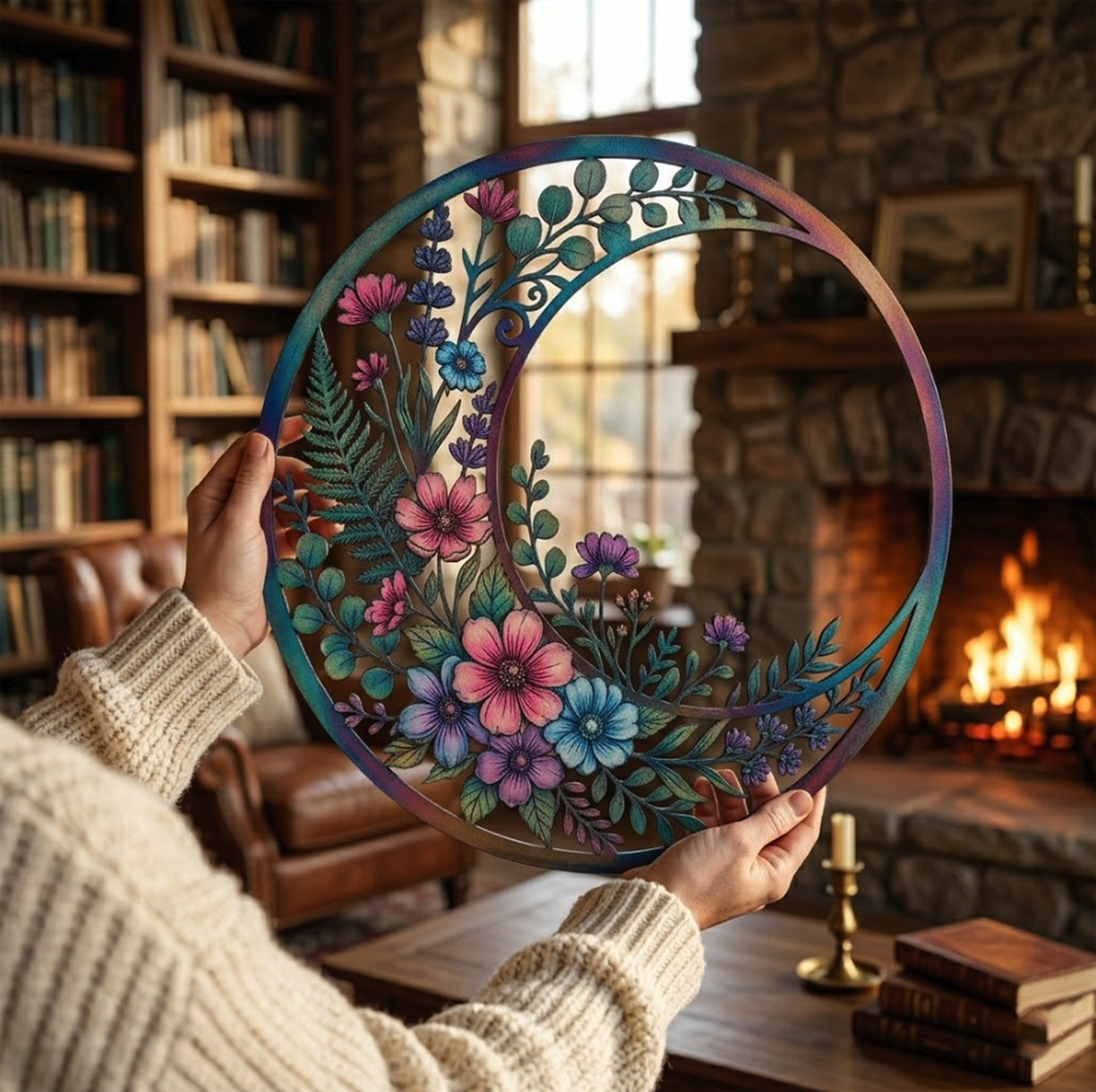 Floral Crescent Moon Metal Wall Art - product view 3