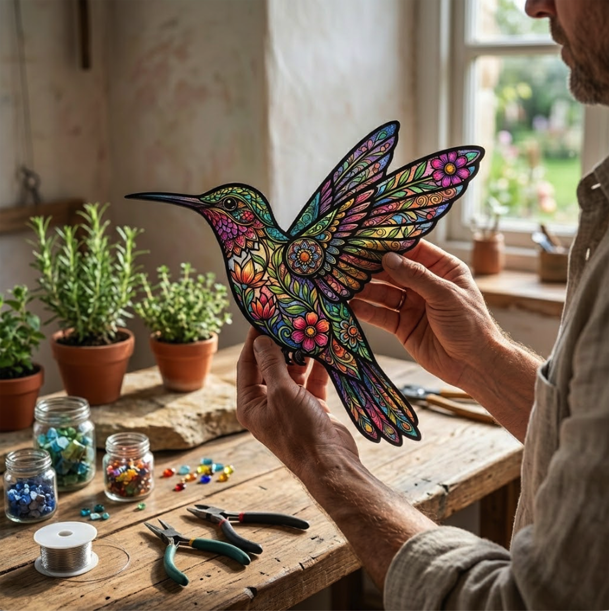 Colorful Hummingbird Metal Wall Art - product view 3