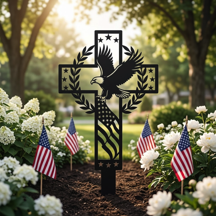 Patriotic Memorial Cross Garden Stake