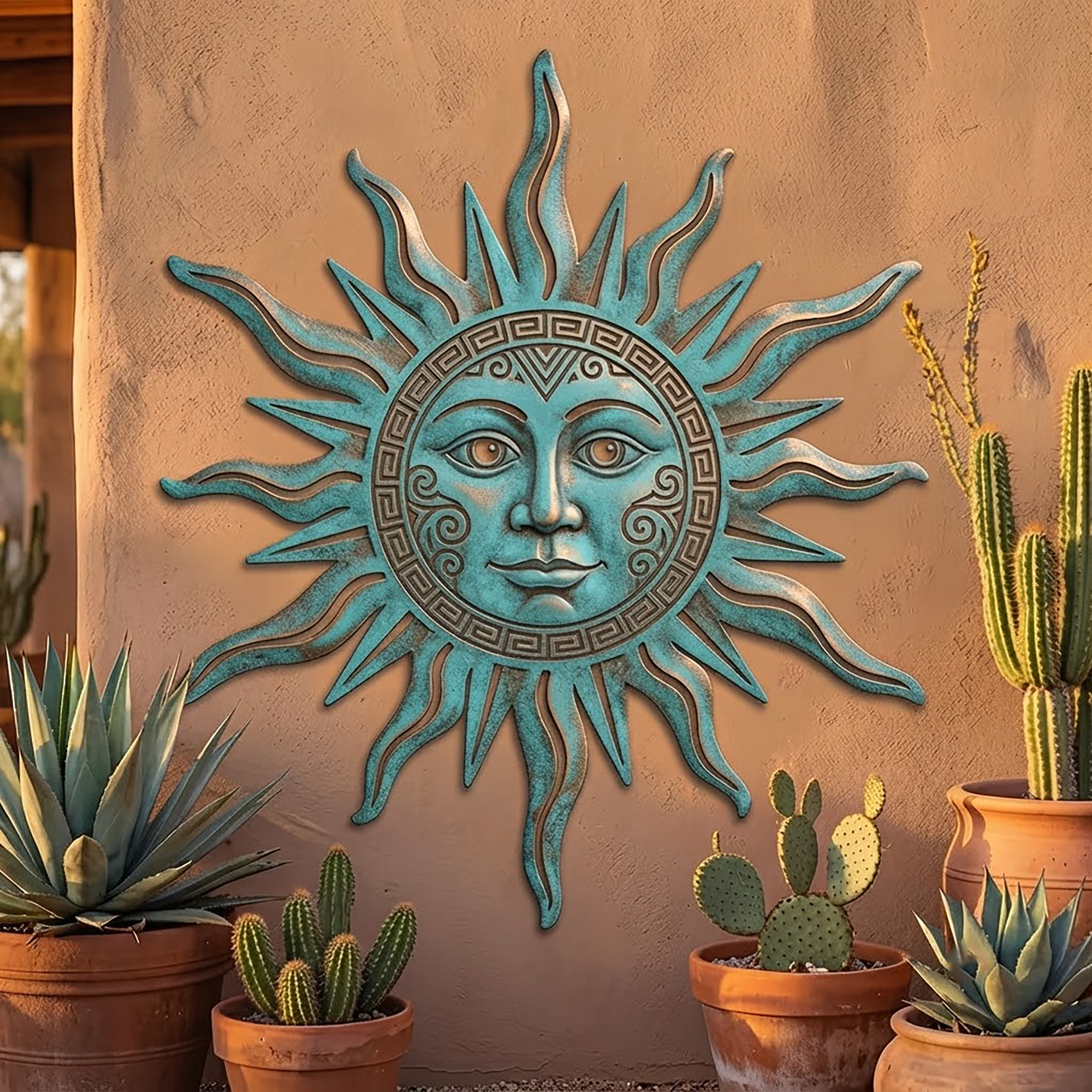 Turquoise Sun Face Metal Wall Art