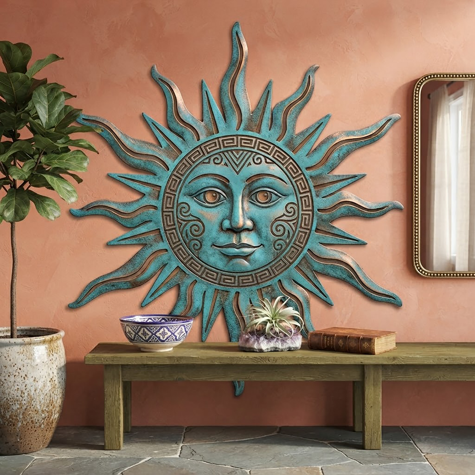 Turquoise Sun Face Metal Wall Art - product view 2