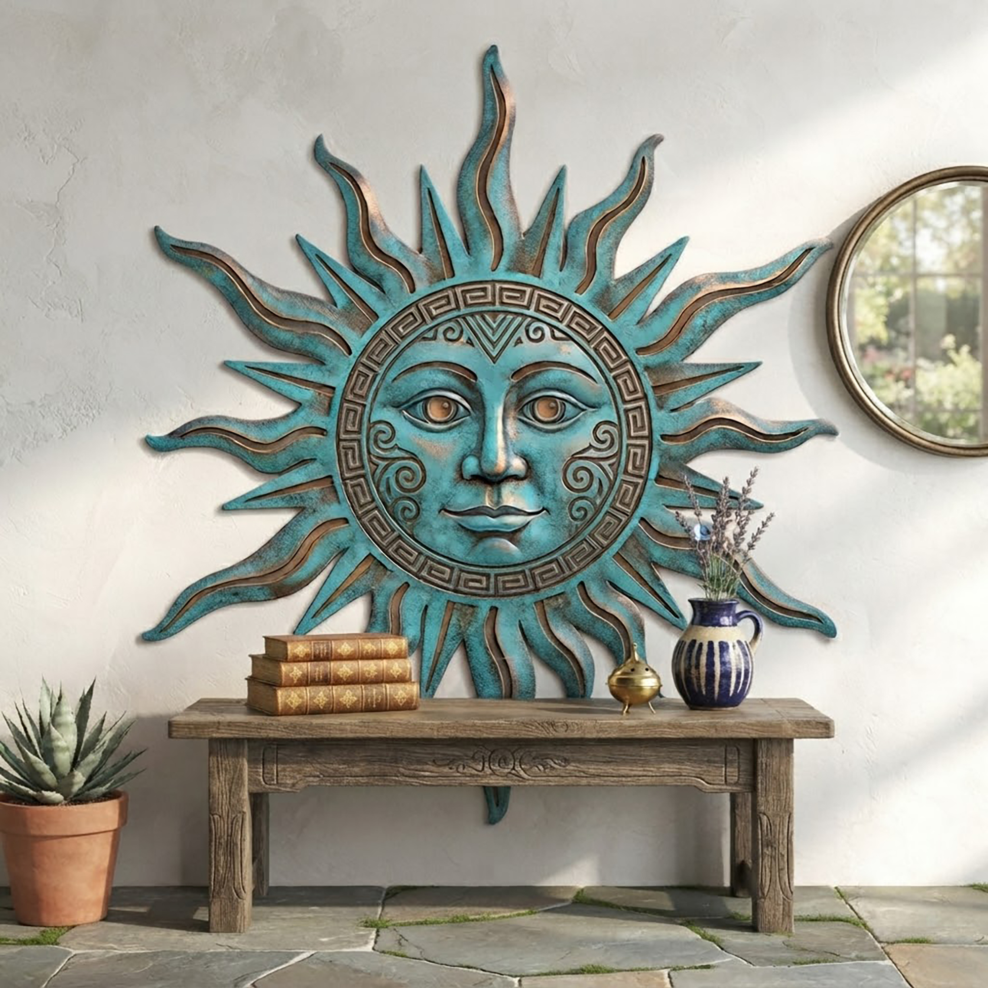 Turquoise Sun Face Metal Wall Art - product view 3