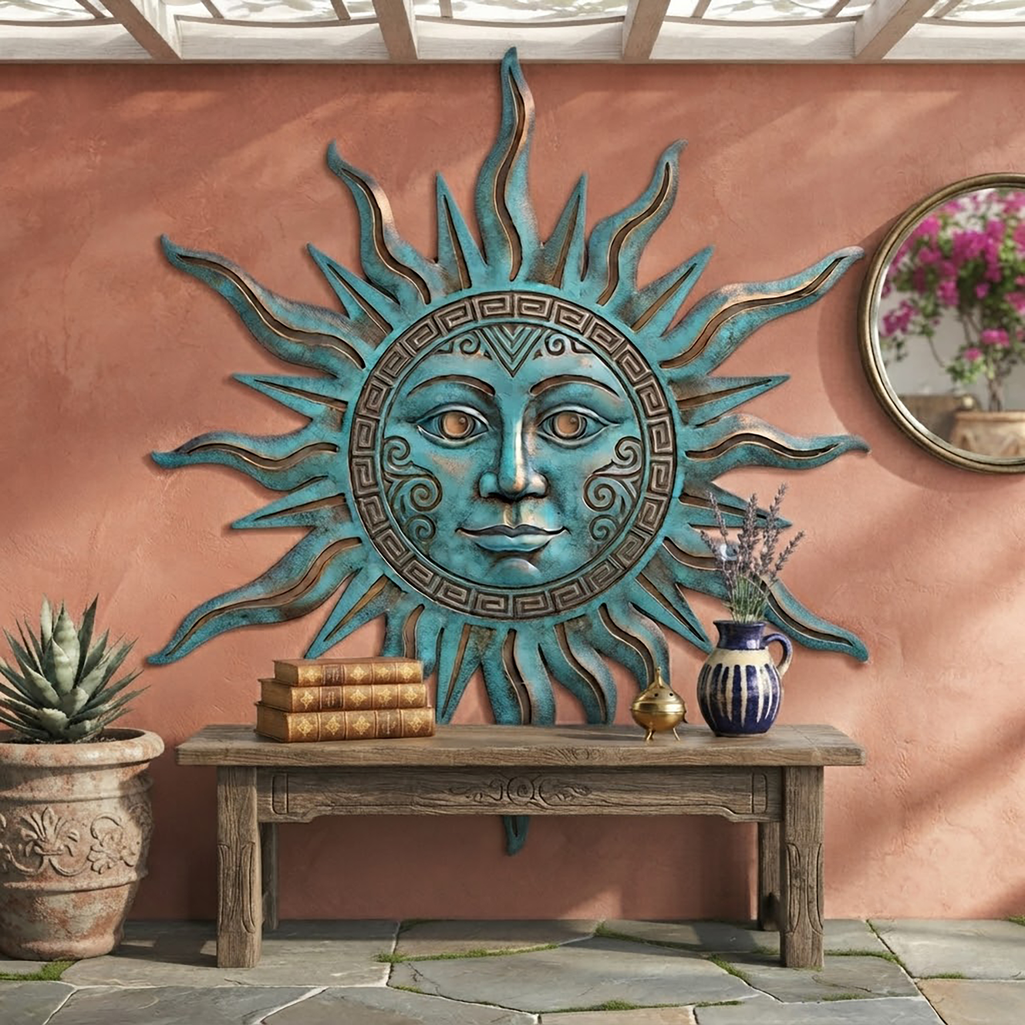 Turquoise Sun Face Metal Wall Art - product view 4