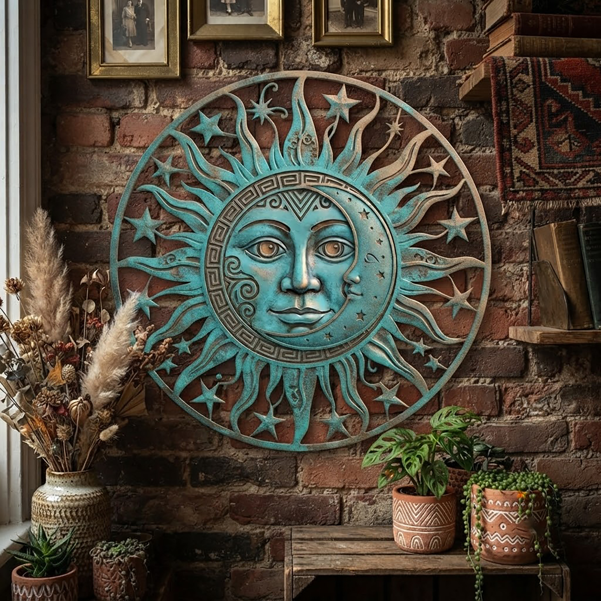 Turquoise Sun Moon Metal Wall Art - product view 2