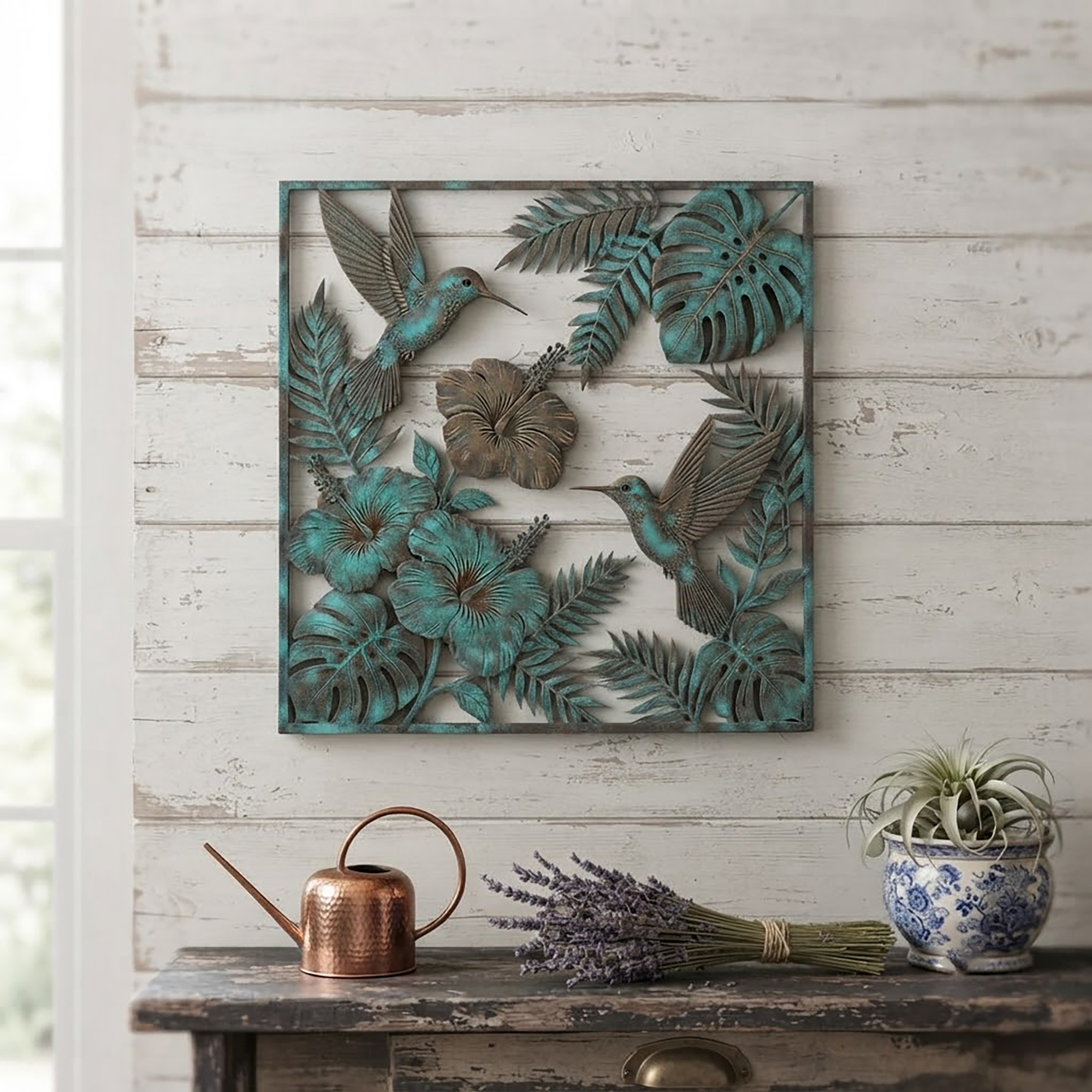 Hummingbird Hibiscus Metal Wall Art - product view 3