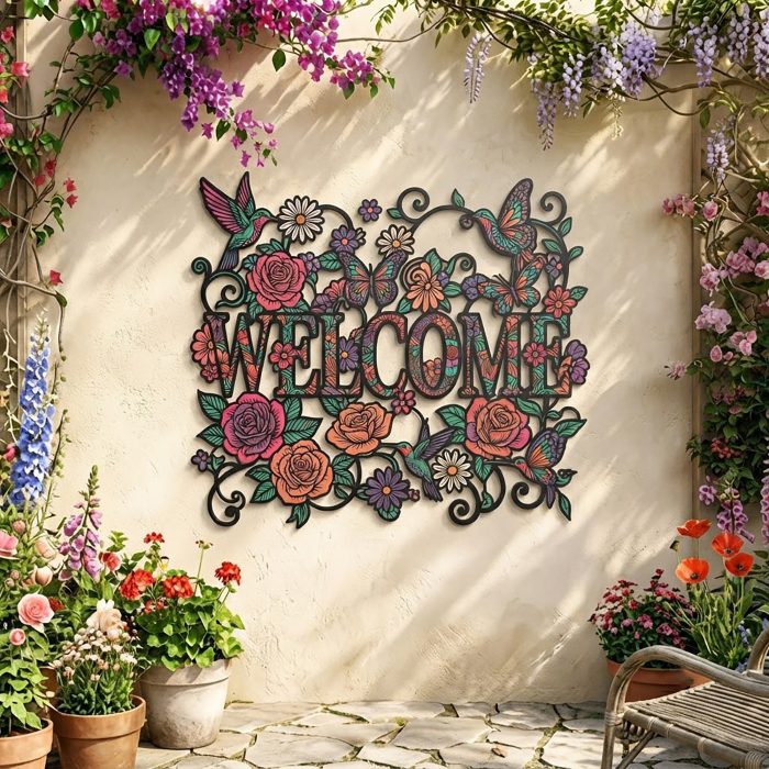 Welcome Floral Metal Wall Art