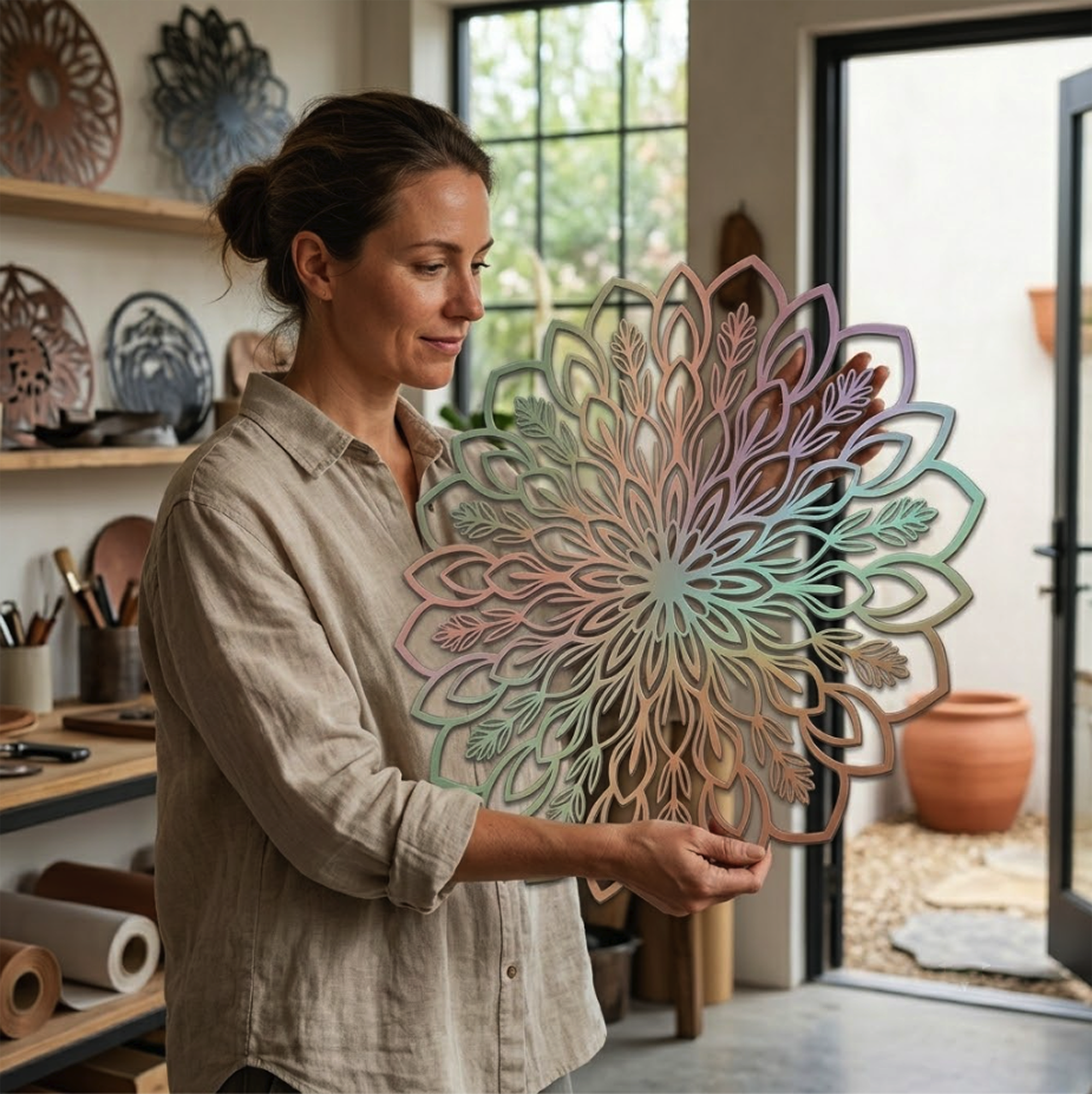 Pastel Floral Mandala Metal Wall Art - product view 3