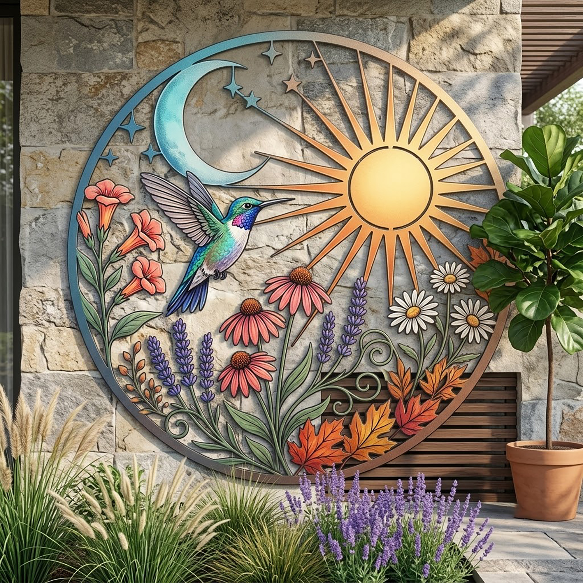 Hummingbird Sun and Moon Metal Wall Art - product view 3