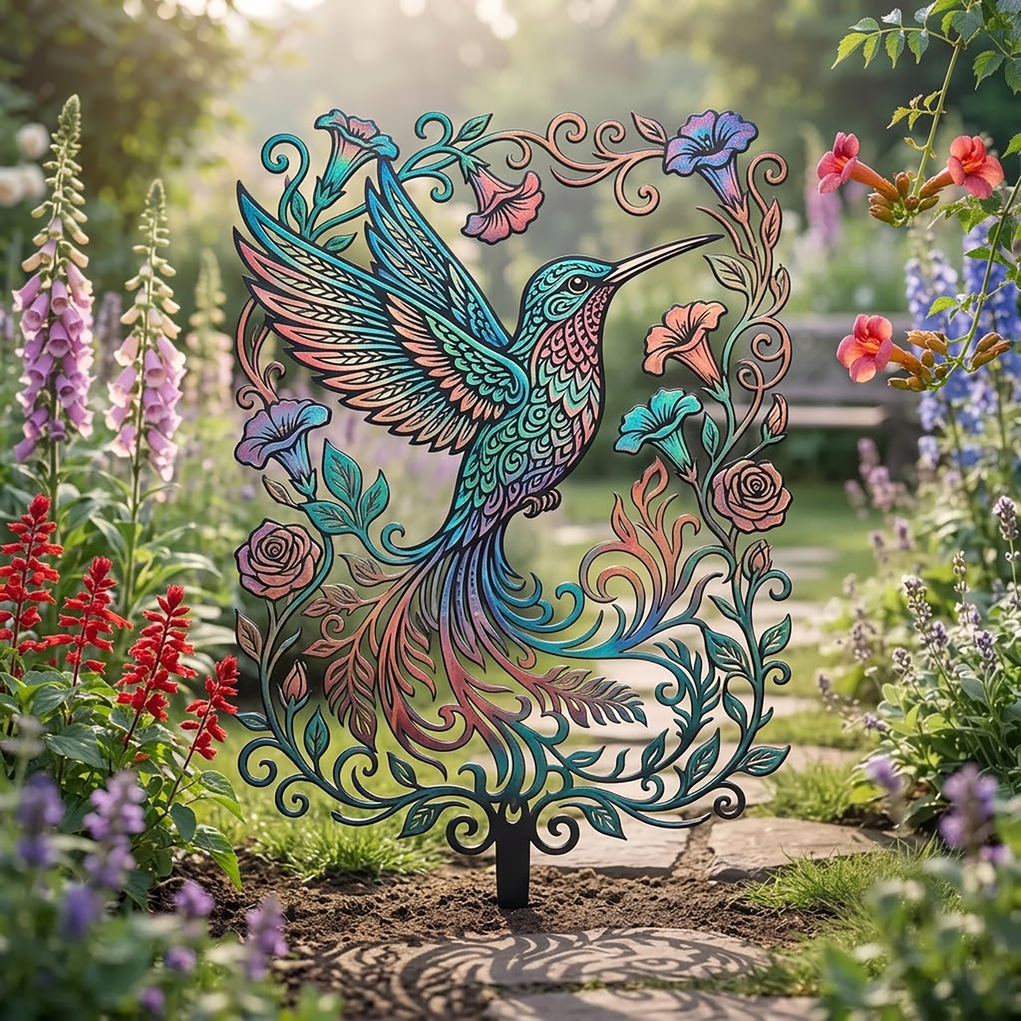 Colorful Hummingbird Garden Stake