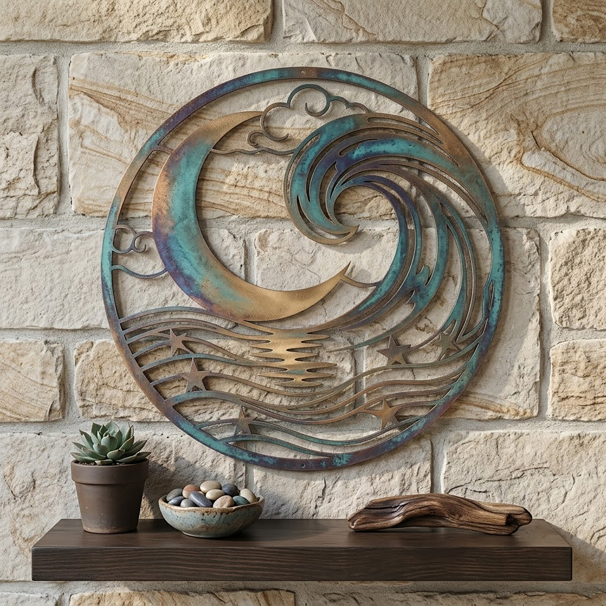Moon and Ocean Wave Metal Wall Art - product view 3