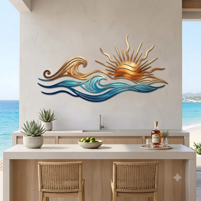 Coastal Sun and Waves Metal Wall Art