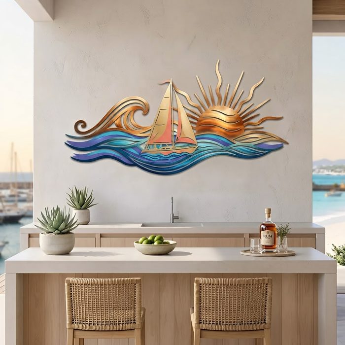 Sailboat and Ocean Wave Metal Wall Art