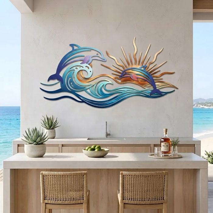 Dolphin and Ocean Wave Metal Wall Art