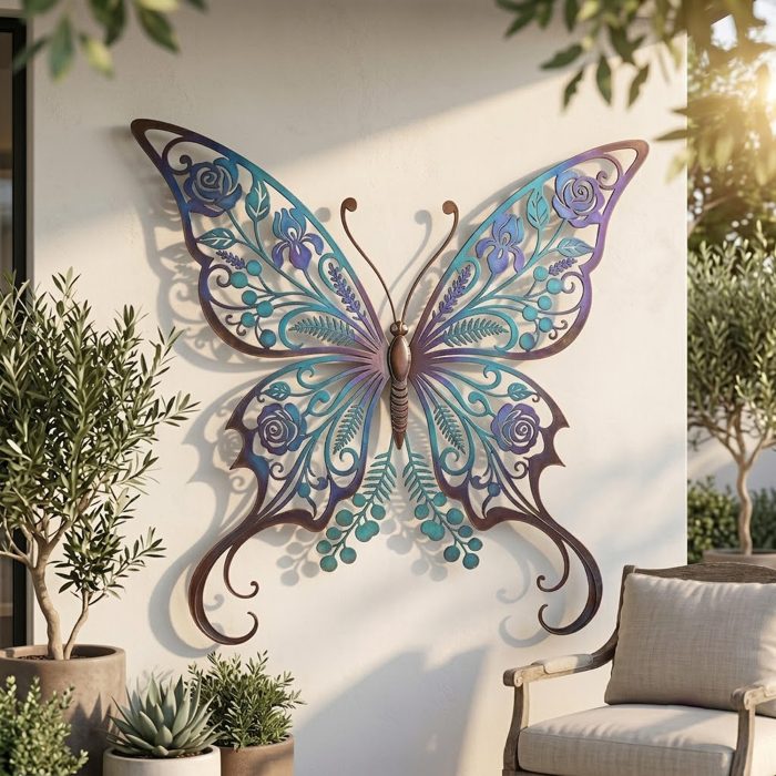 Blue Floral Butterfly Metal Wall Art