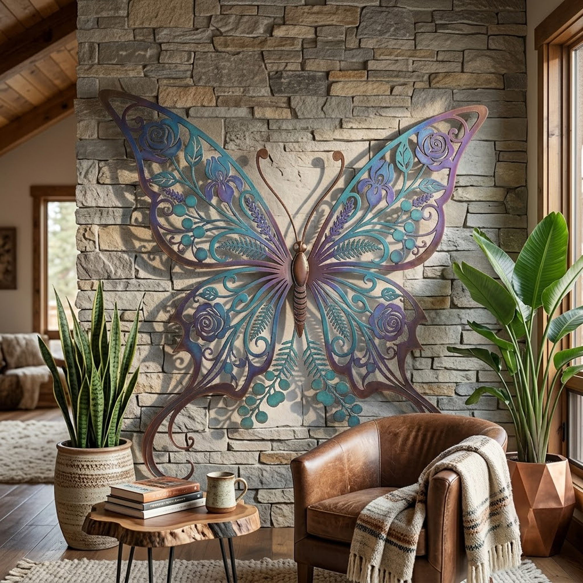 Blue Floral Butterfly Metal Wall Art - product view 2