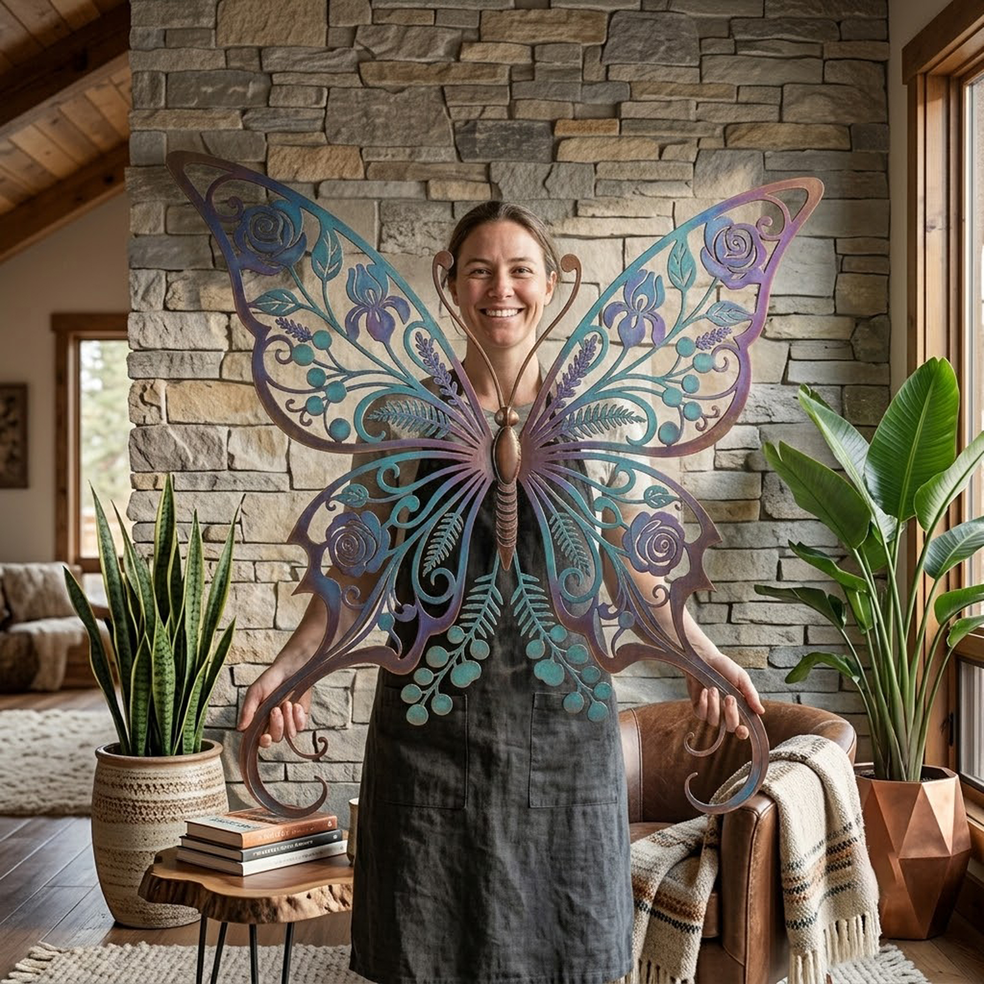 Blue Floral Butterfly Metal Wall Art - product view 3