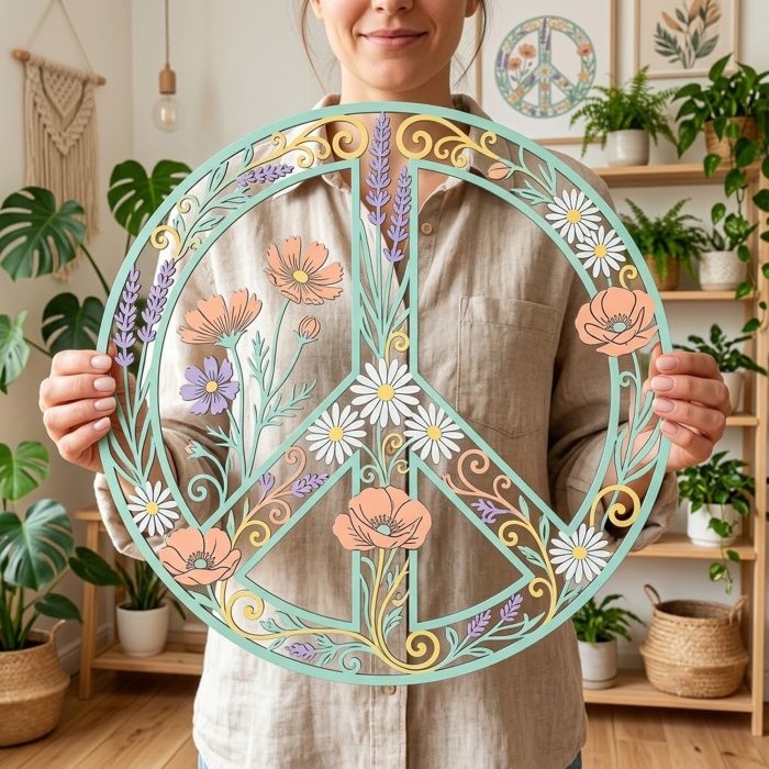 Floral Peace Sign Metal Wall Art