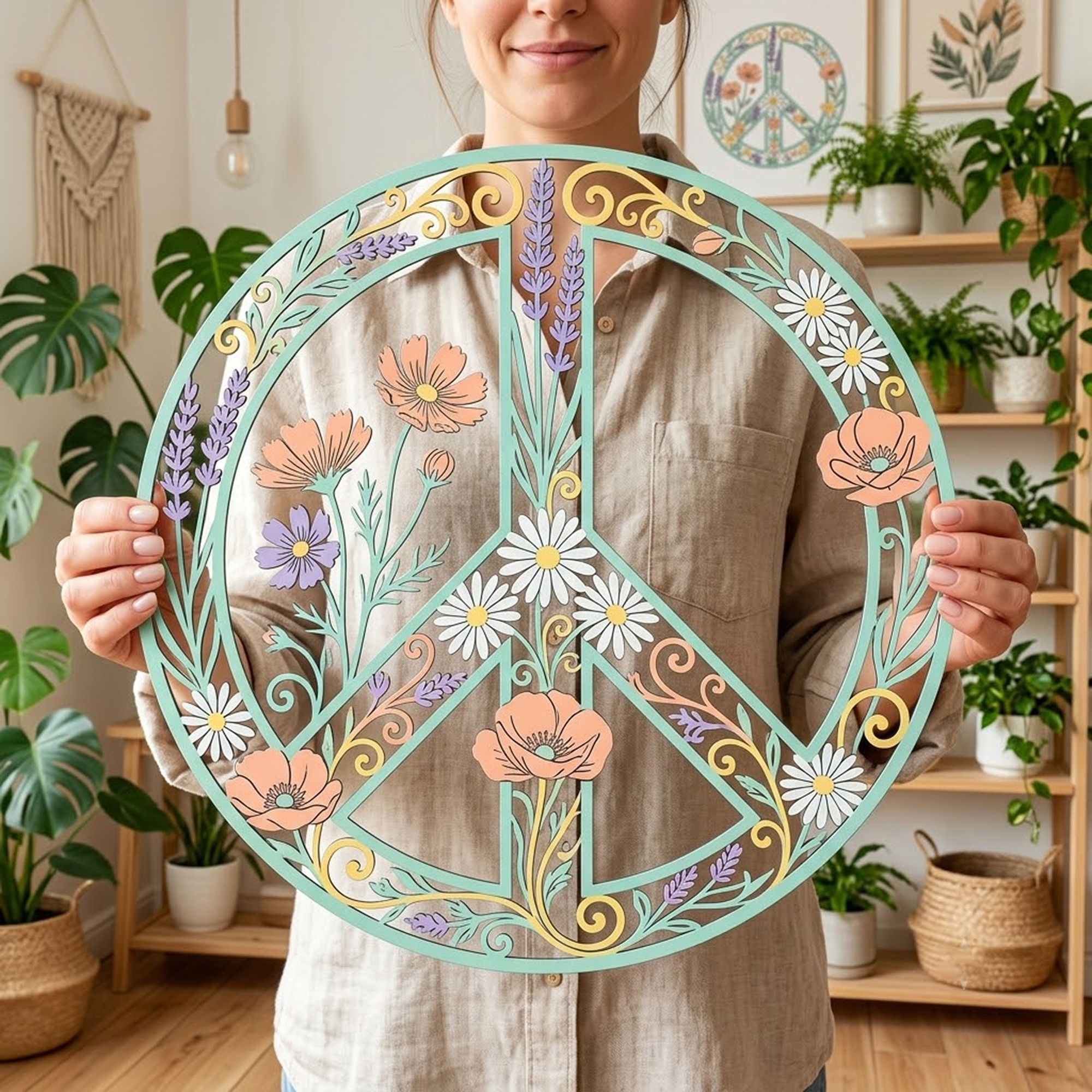 Floral Peace Sign Metal Wall Art