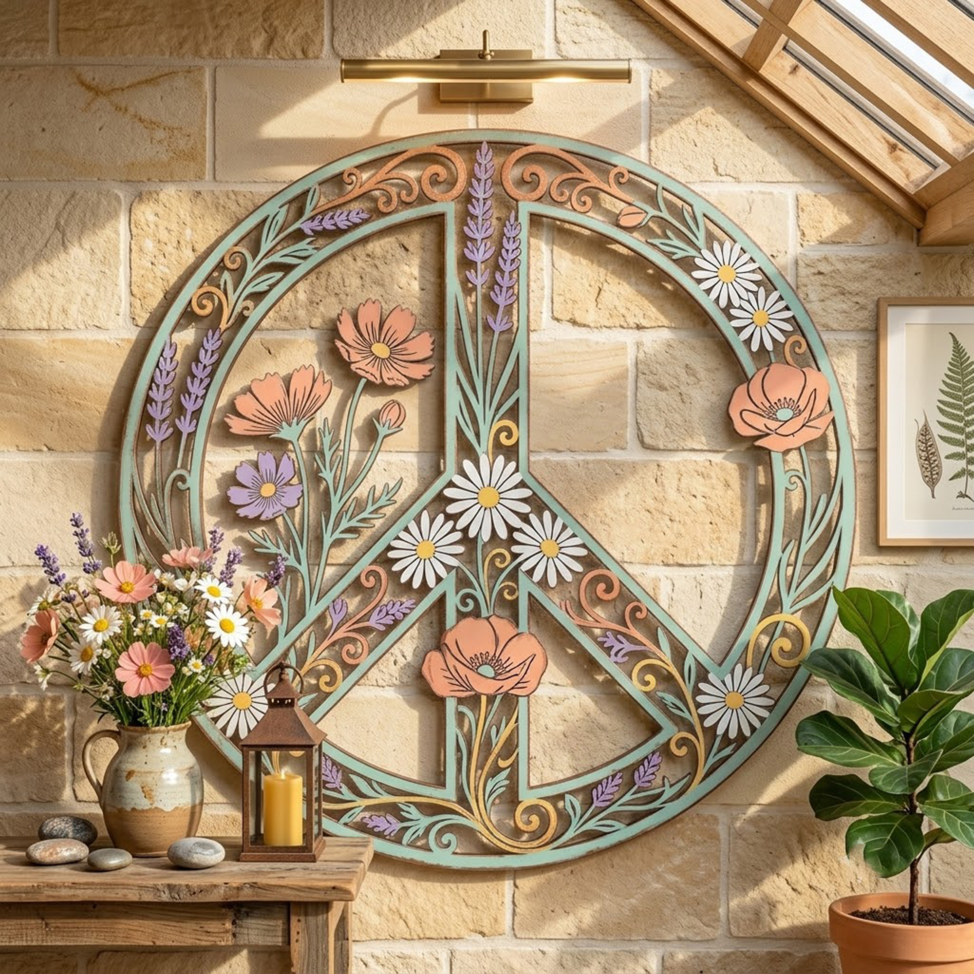 Floral Peace Sign Metal Wall Art - product view 2