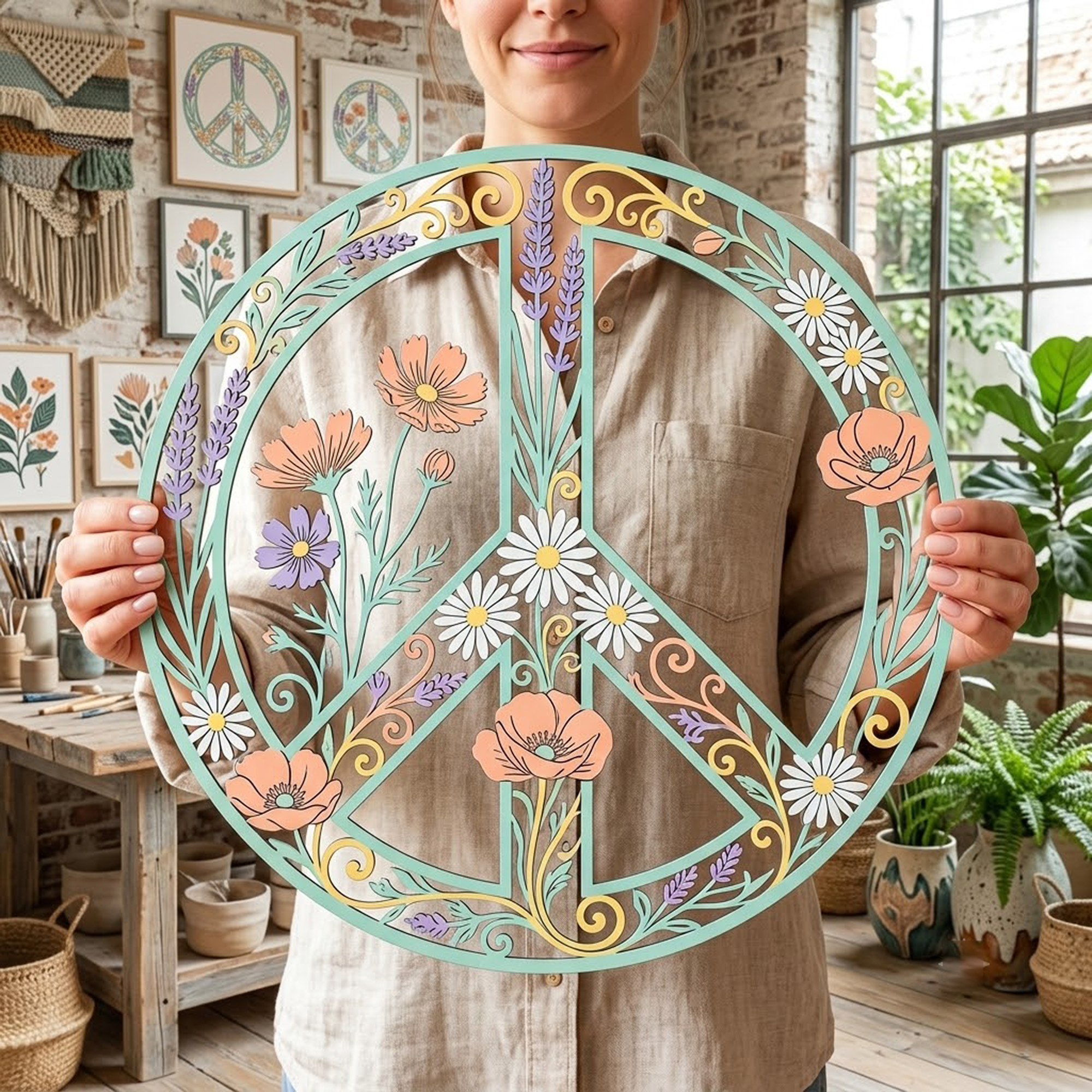 Floral Peace Sign Metal Wall Art - product view 3