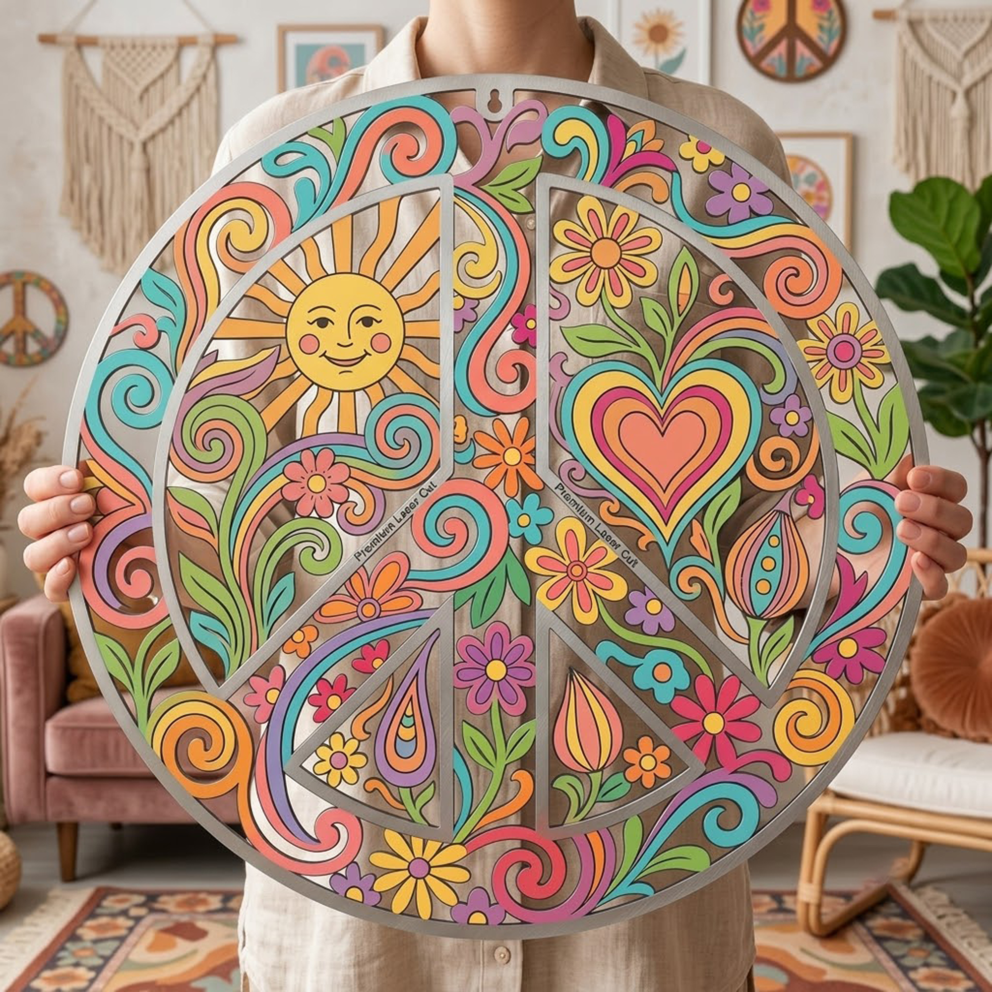 Floral Peace Sign Metal Wall Art