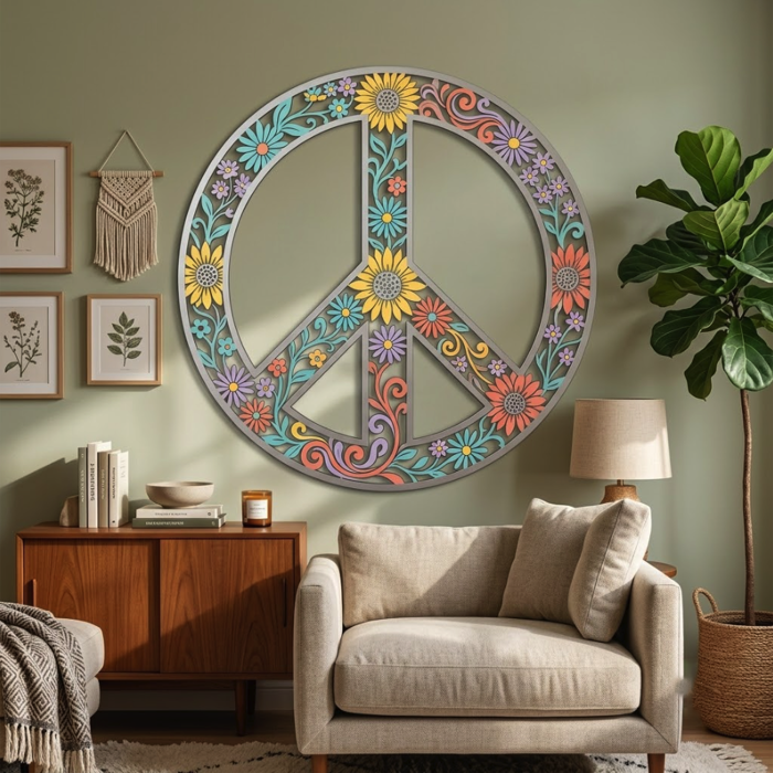 Floral Peace Sign Metal Wall Art