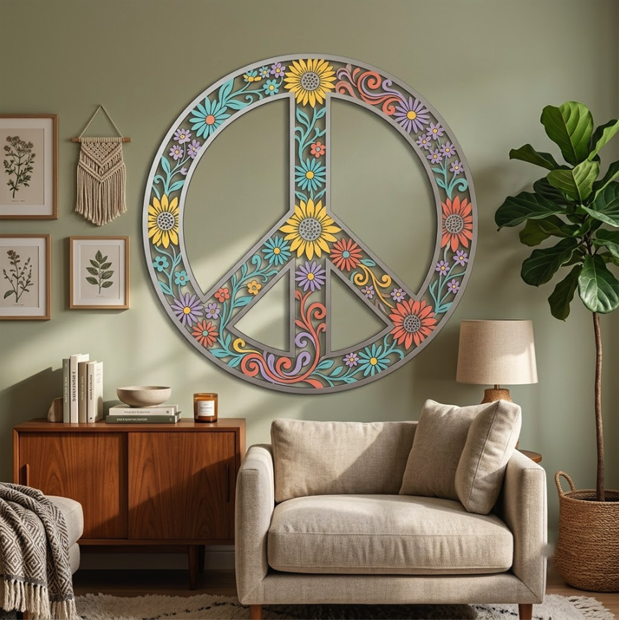 Floral Peace Sign Metal Wall Art