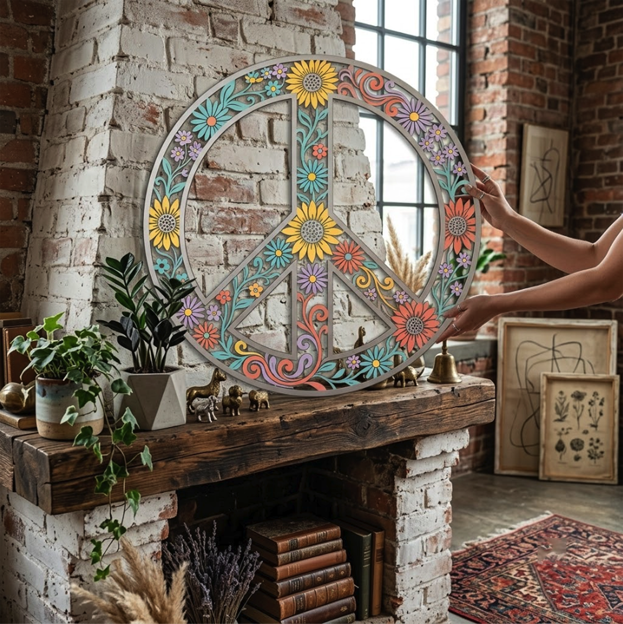 Floral Peace Sign Metal Wall Art - product view 2