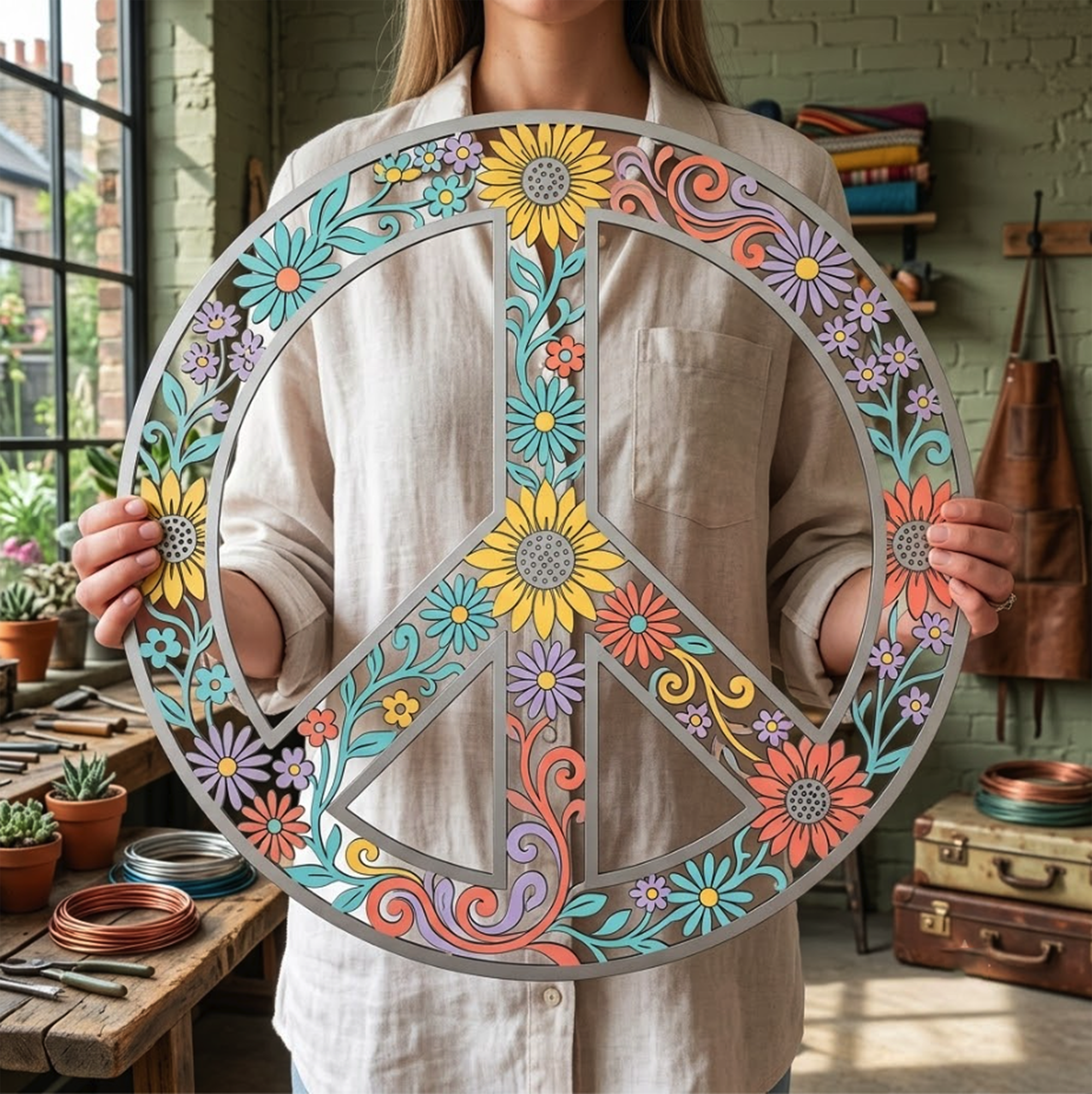 Floral Peace Sign Metal Wall Art - product view 4