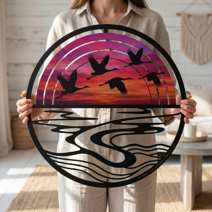 Flying Crane Sunset Metal Wall Art