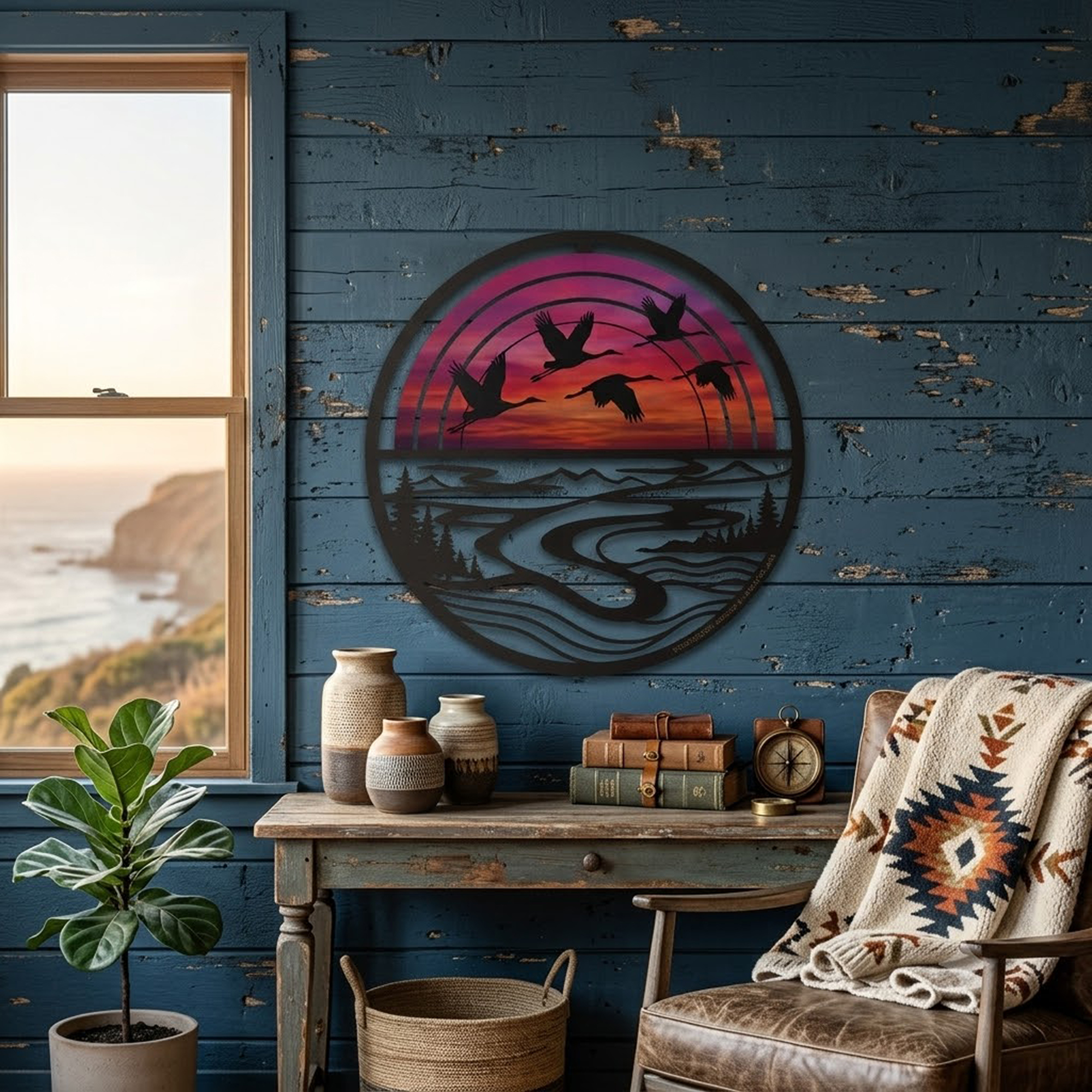 Flying Crane Sunset Metal Wall Art - product view 3