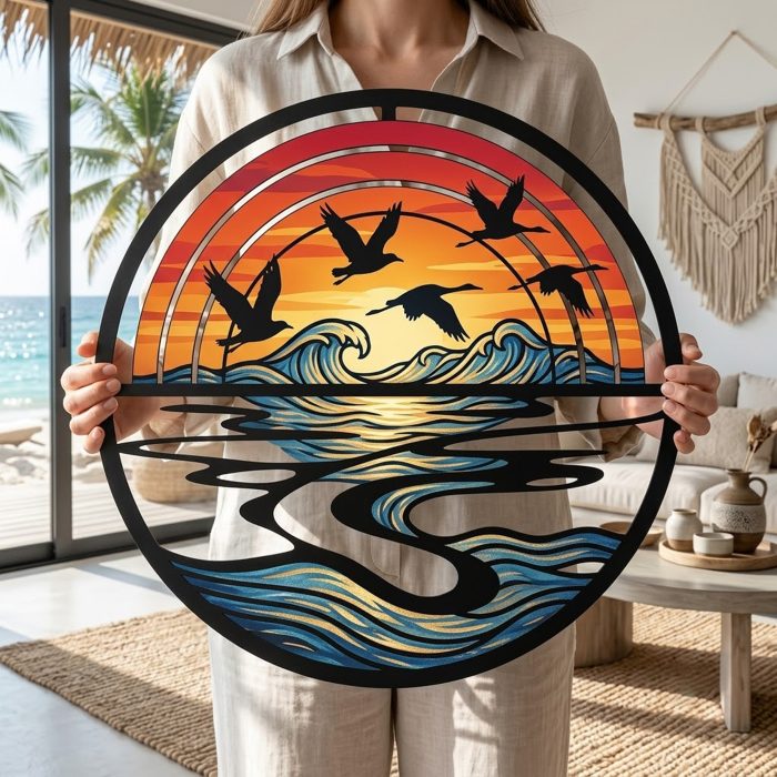 Flying Crane Sunset Metal Wall Art