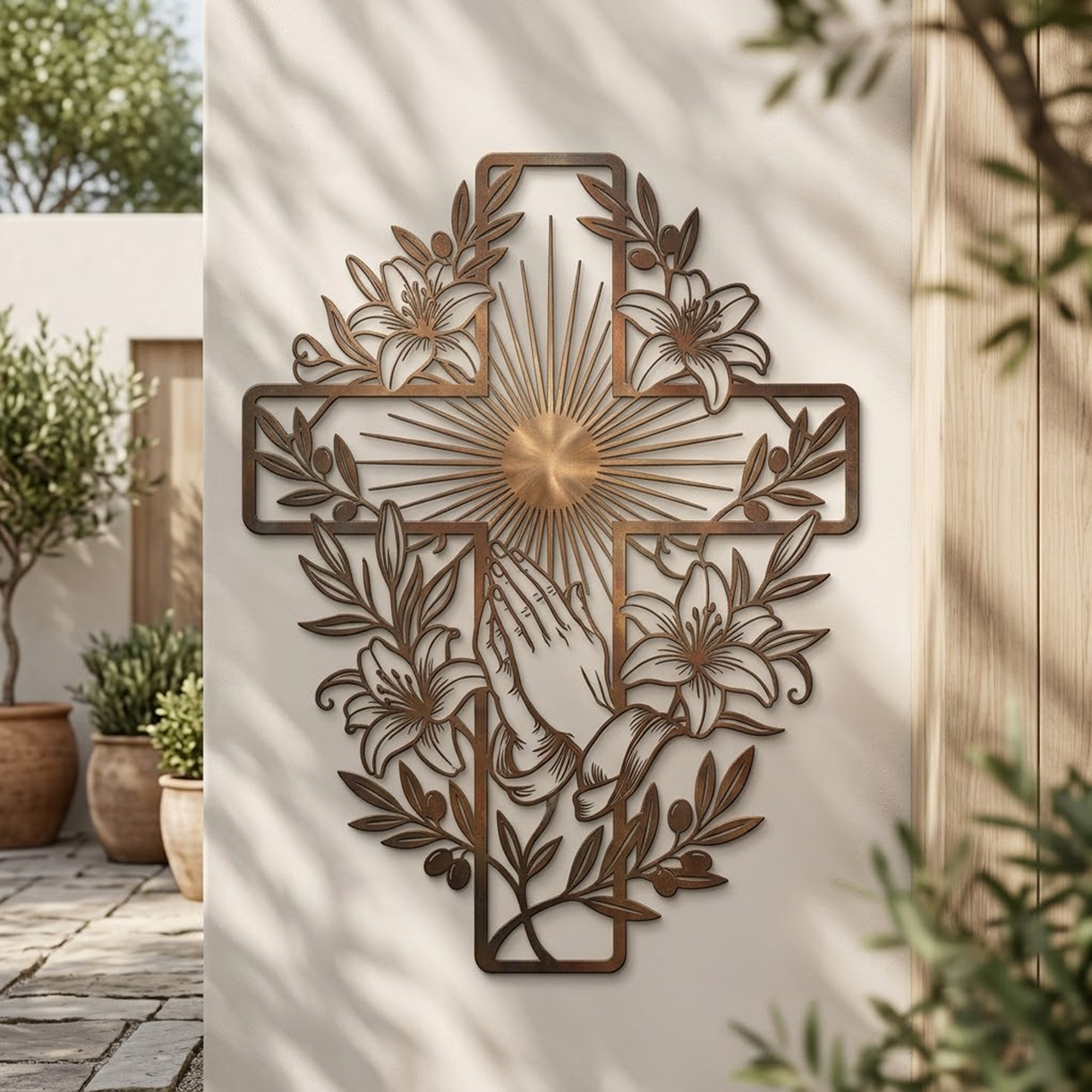 Praying Hands Cross Metal Wall Art