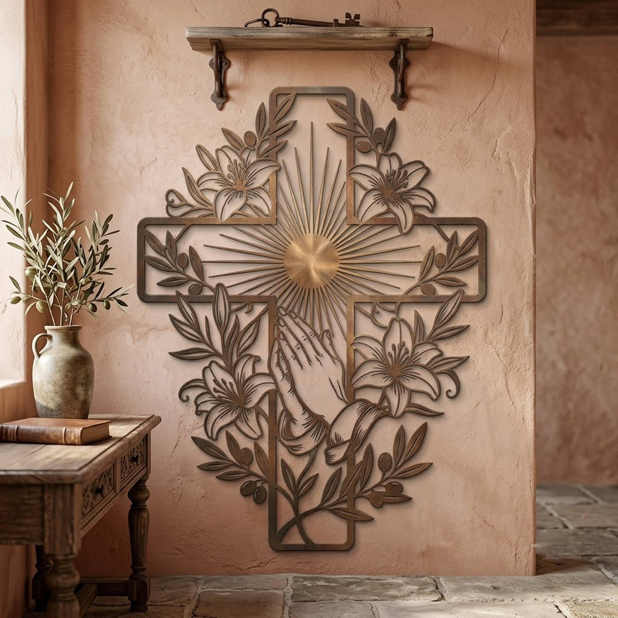 Praying Hands Cross Metal Wall Art - product view 2