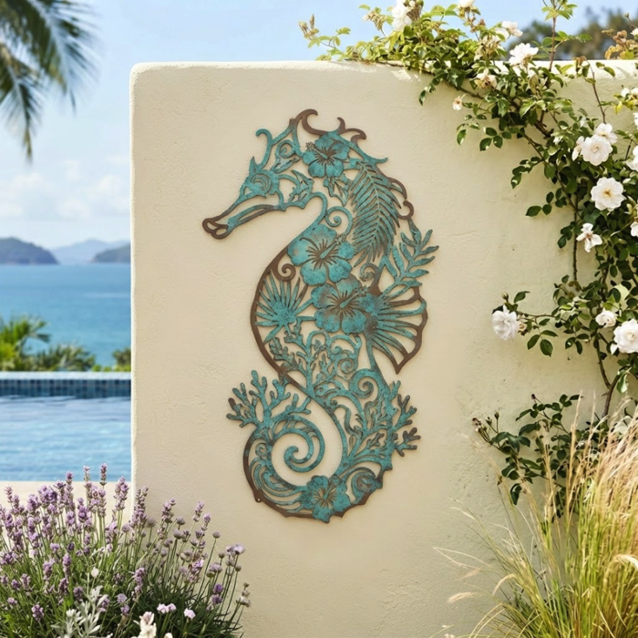 Floral Seahorse Metal Wall Art