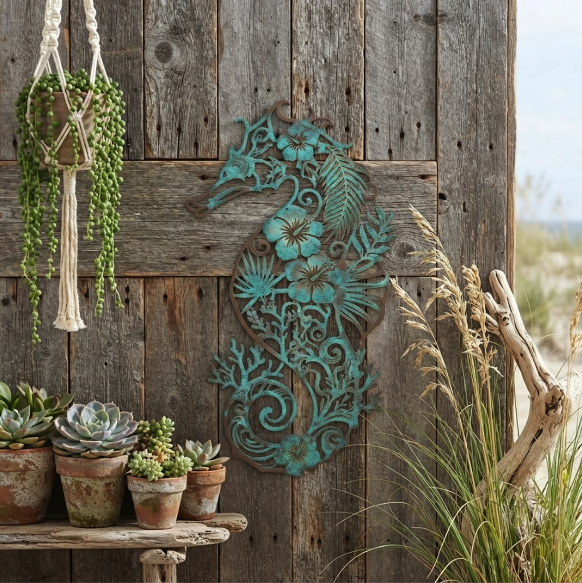 Floral Seahorse Metal Wall Art - product view 2