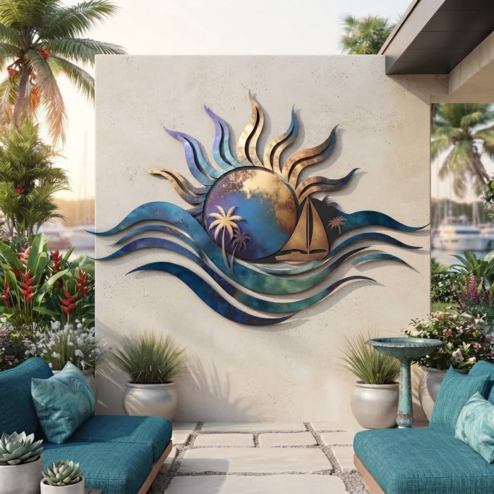 Coastal Sun and Waves Metal Wall Art