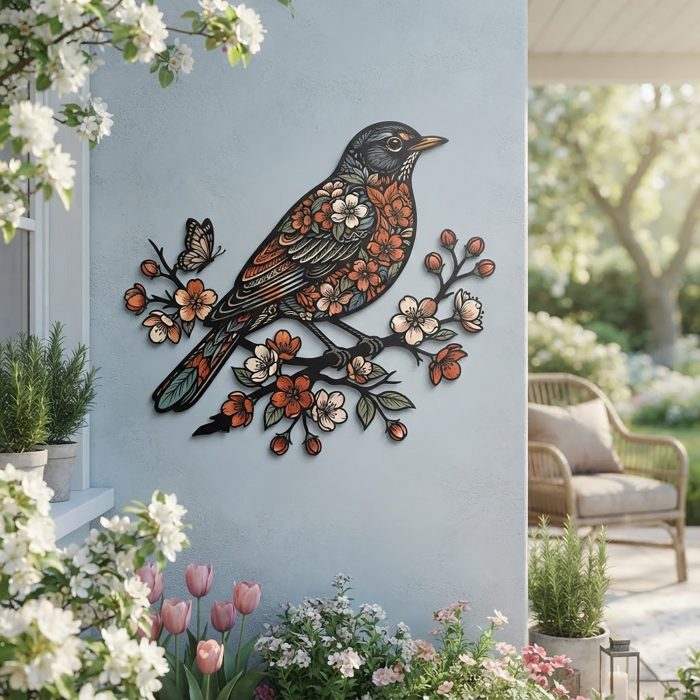 Floral Robin Metal Wall Art
