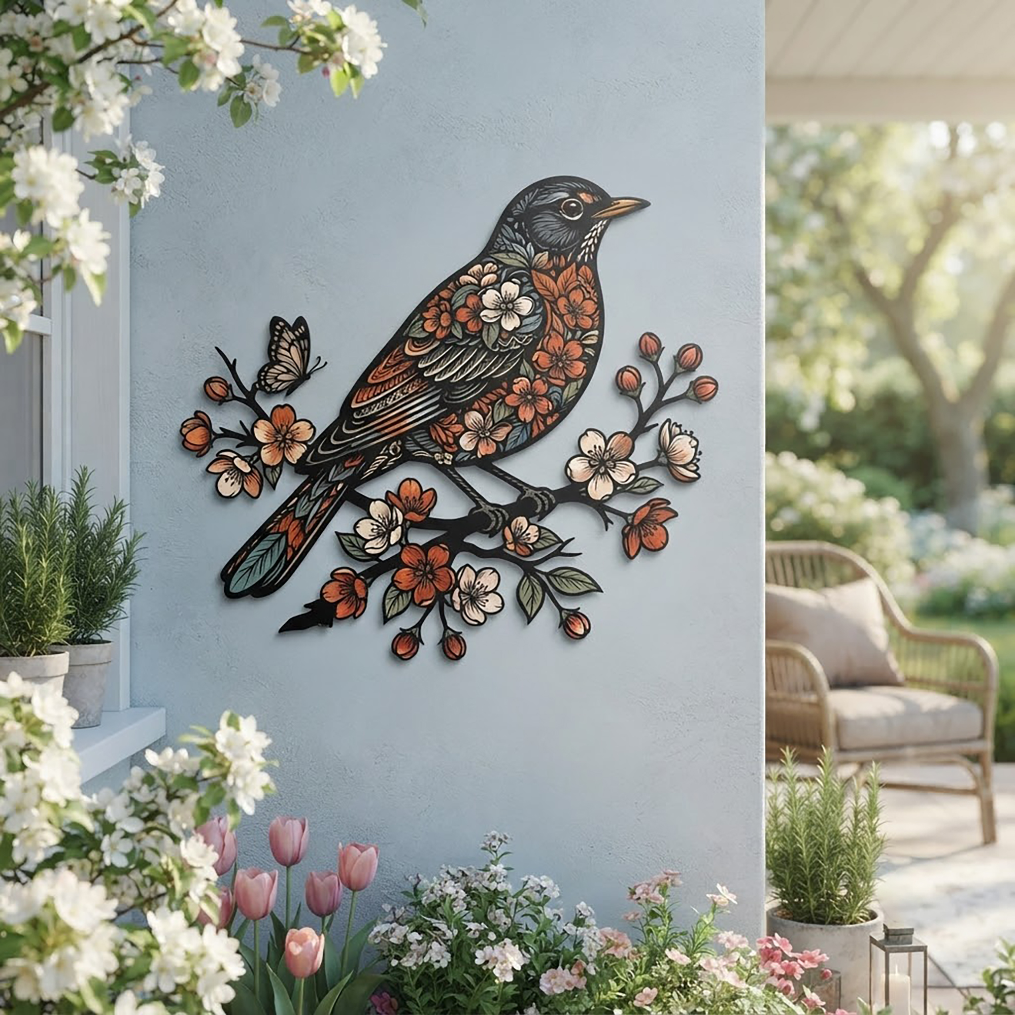 Floral Robin Metal Wall Art