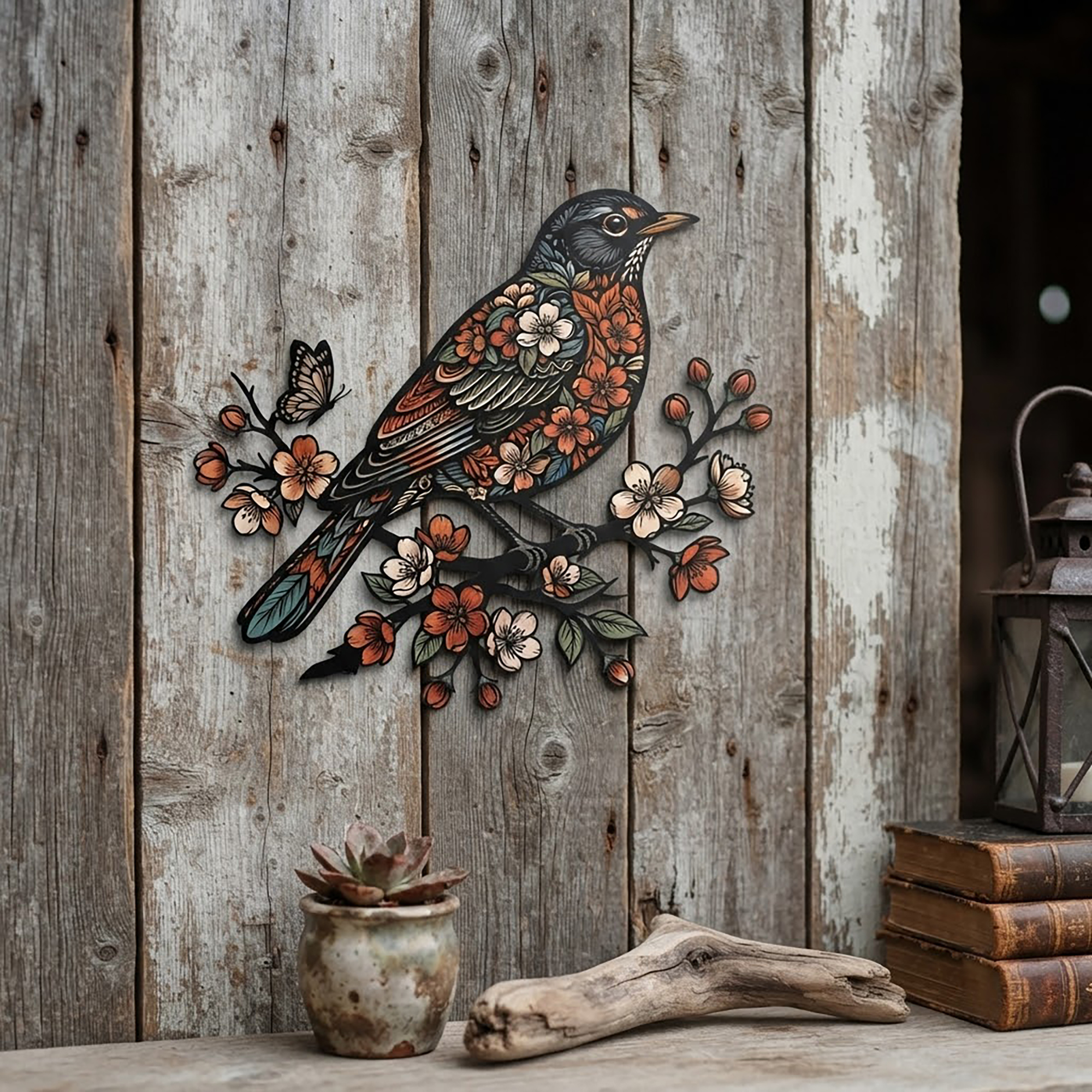 Floral Robin Metal Wall Art - product view 2