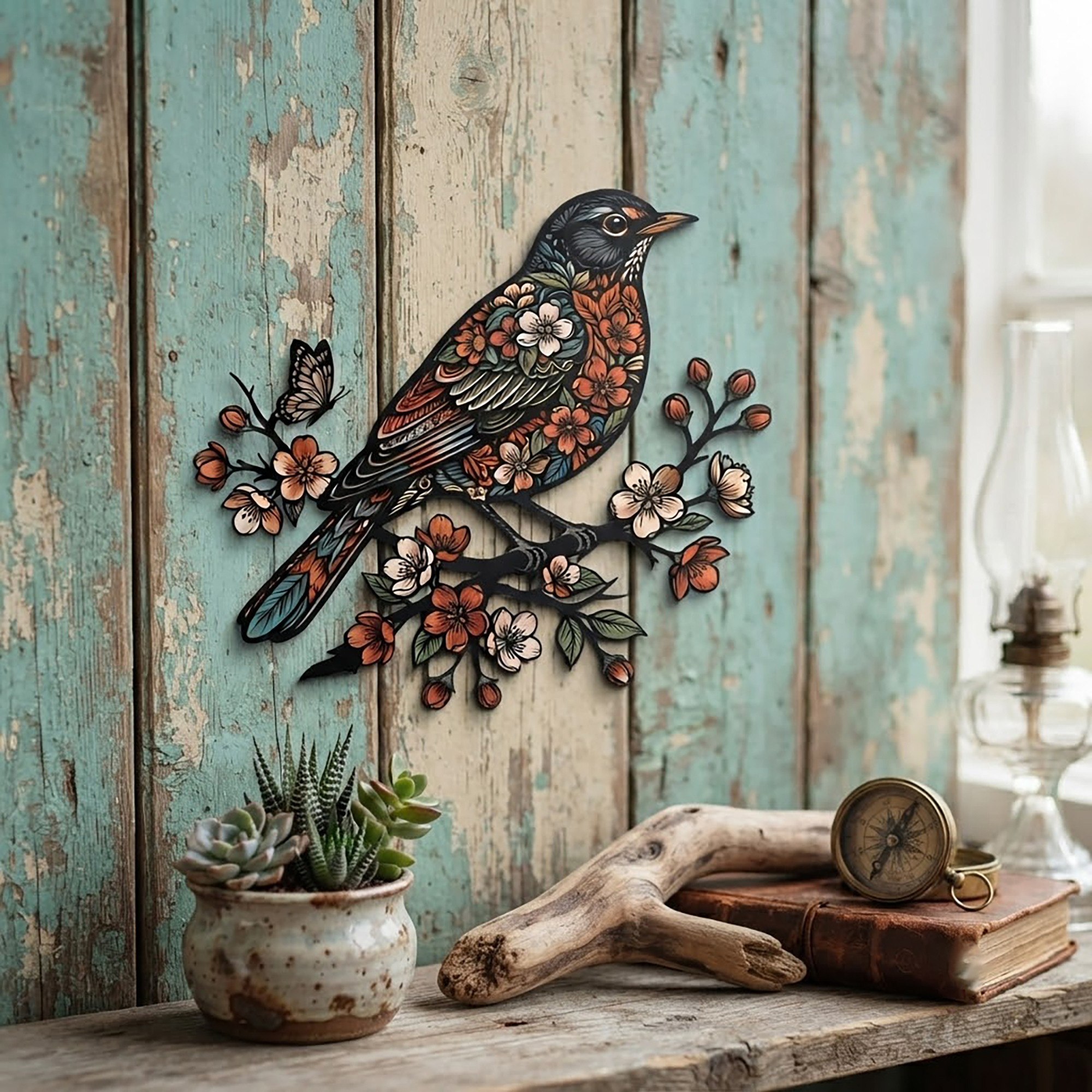 Floral Robin Metal Wall Art - product view 3