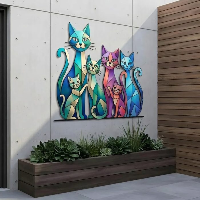Colorful Cat Family Metal Wall Art