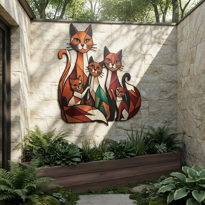 Colorful Cat Family Metal Wall Art
