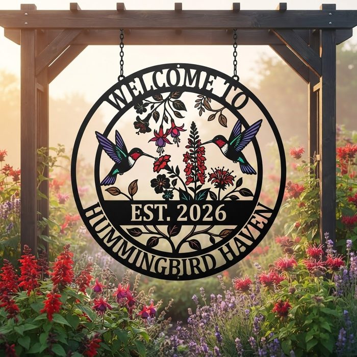 Hummingbird Welcome Garden Metal Sign