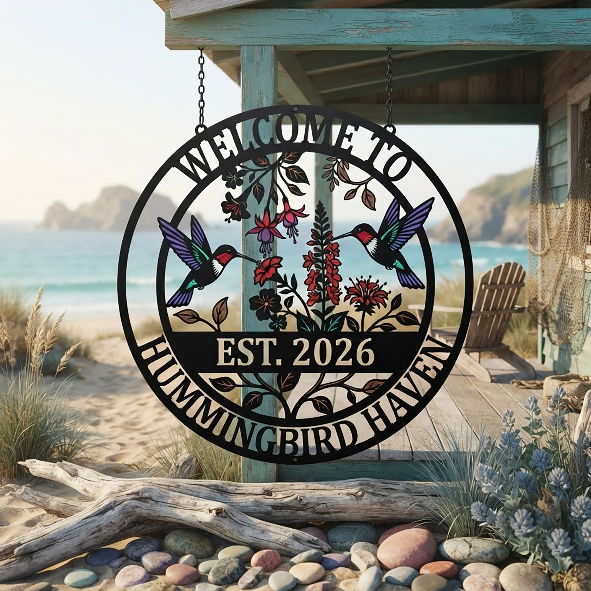 Hummingbird Welcome Garden Metal Sign - product view 2