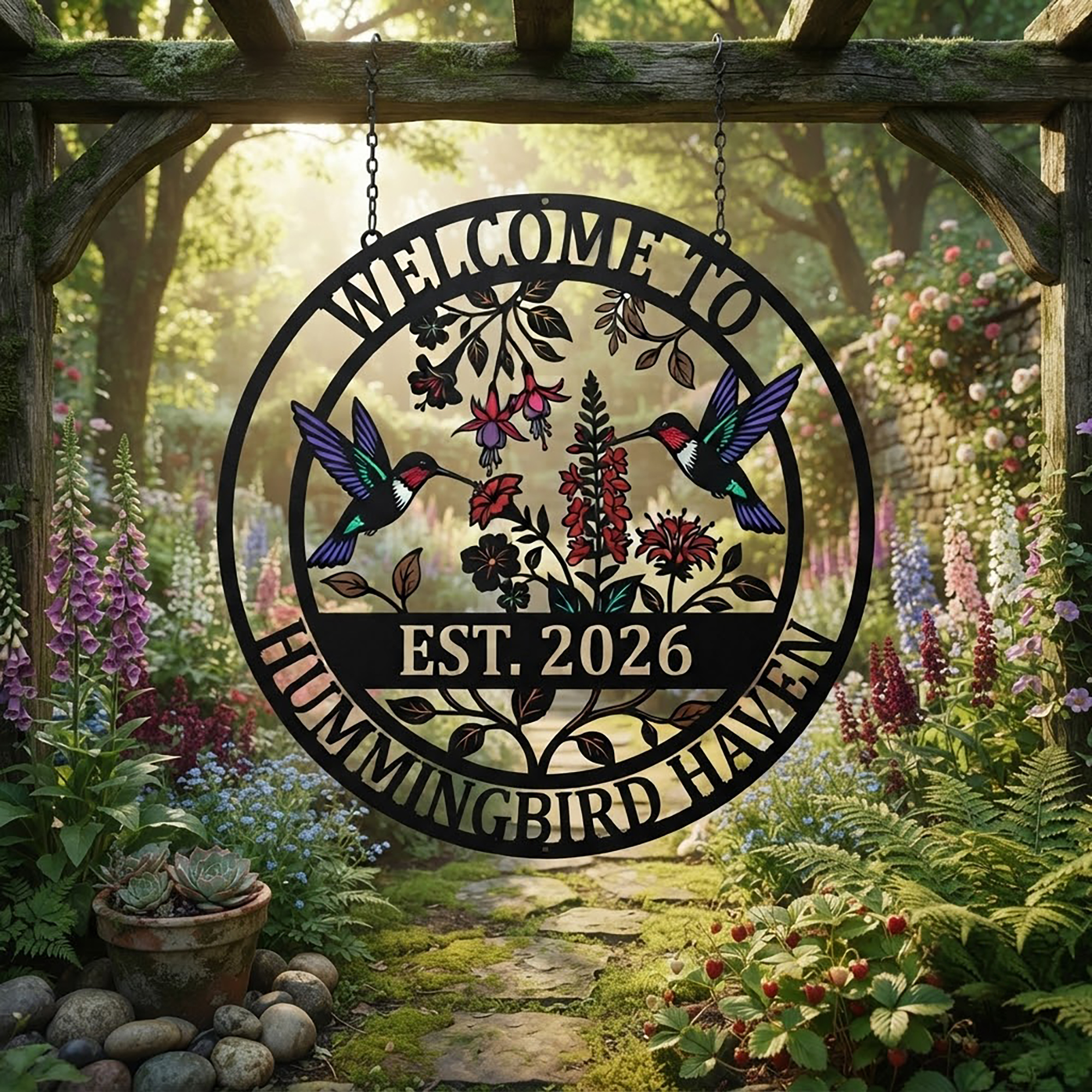 Hummingbird Welcome Garden Metal Sign - product view 3