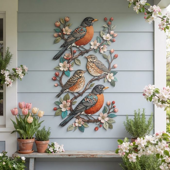 Robin Bird Family Metal Wall Art