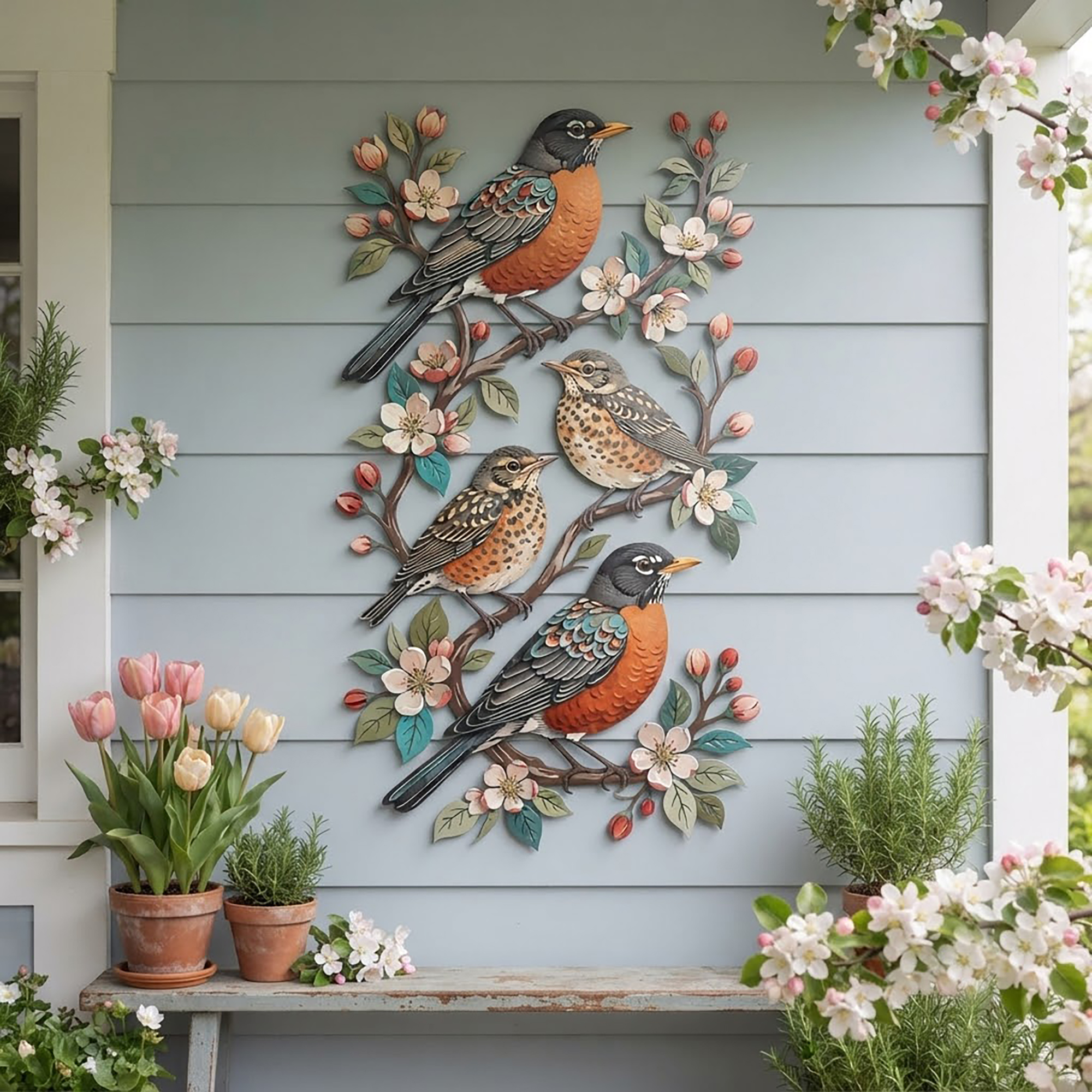 Robin Bird Family Metal Wall Art