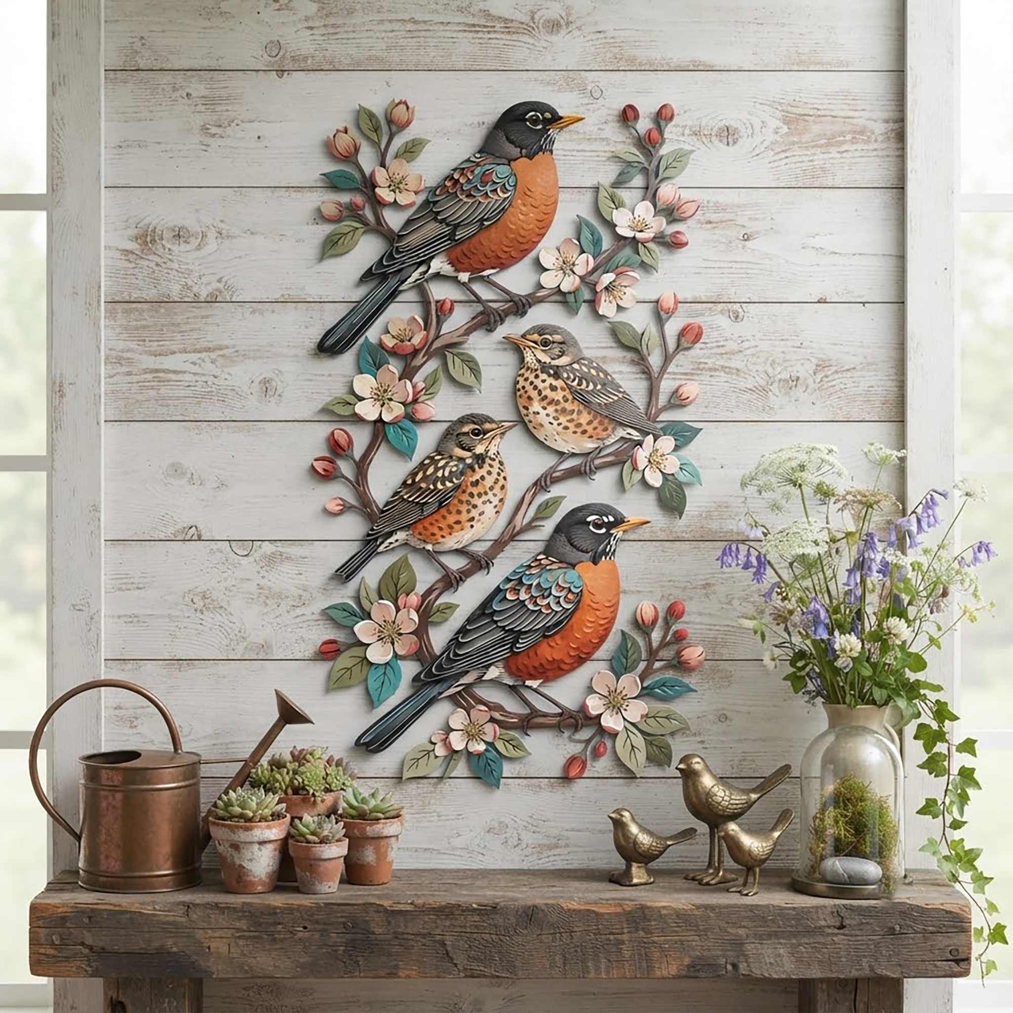 Robin Bird Family Metal Wall Art - product view 2